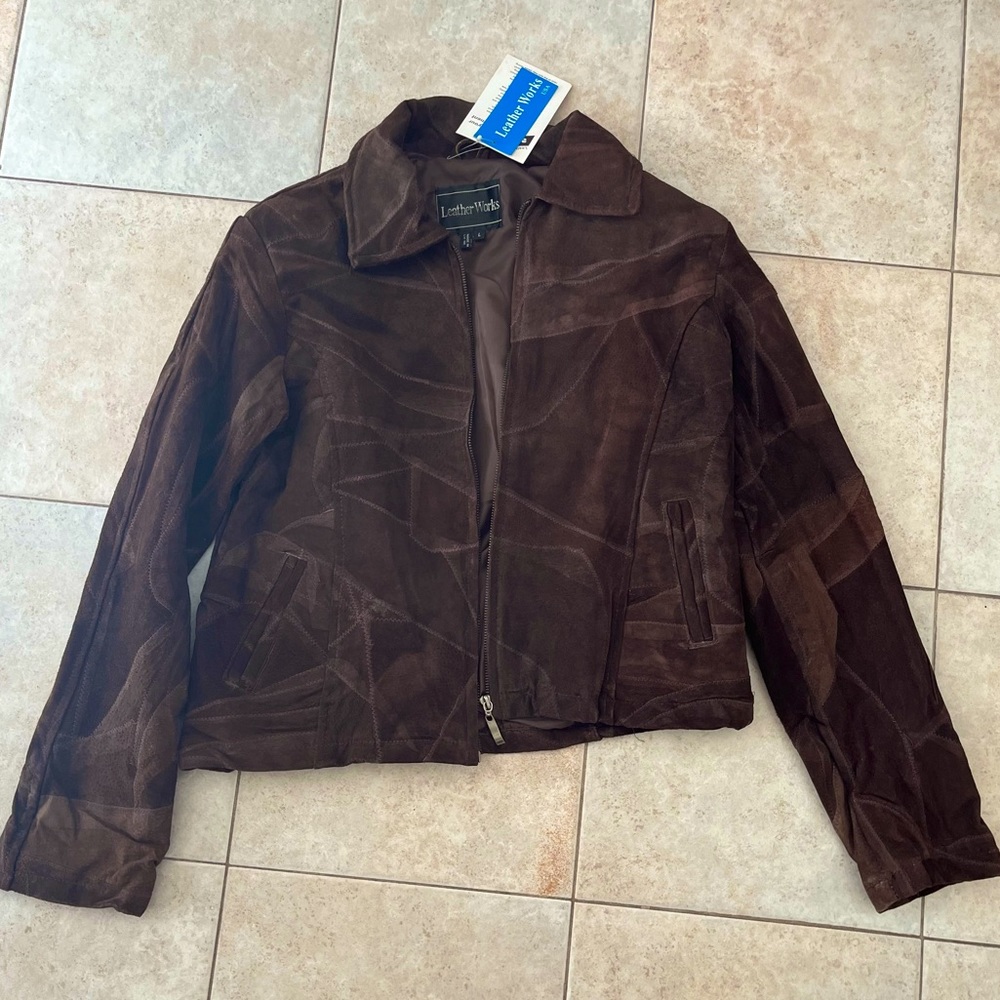 Brand New Leather Works Patch Work Jacket. Color Brown, Size Women’s Large